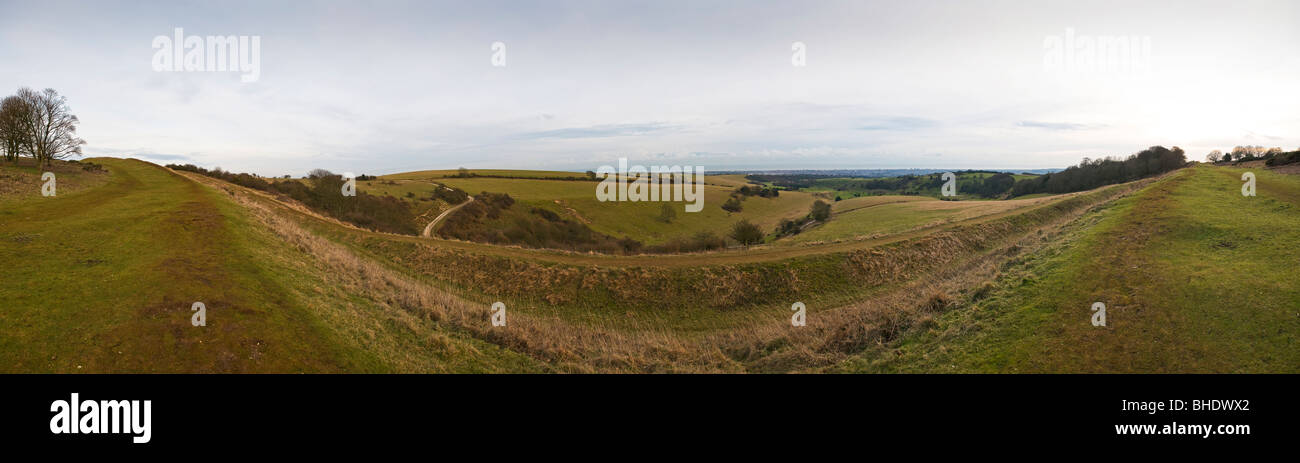 Panorama of Cissbury Rings, Iron Age Hillfort, looking south towards Worthing, West Sussex, UK Stock Photo
