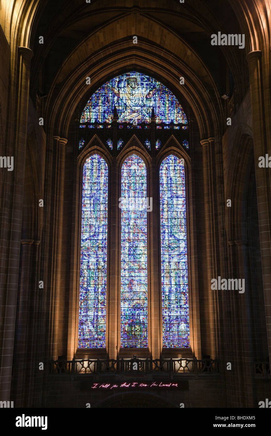 Liverpool, Merseyside, England, UK. Stained glass window in the
