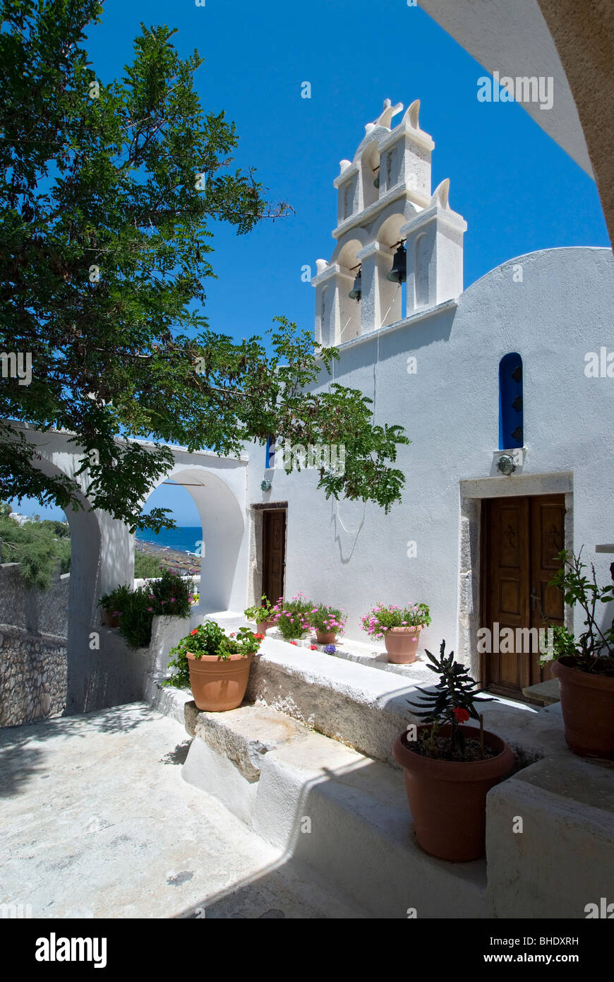 Church at Kamari Beach,  Santorini, Cyclades, Greece Stock Photo