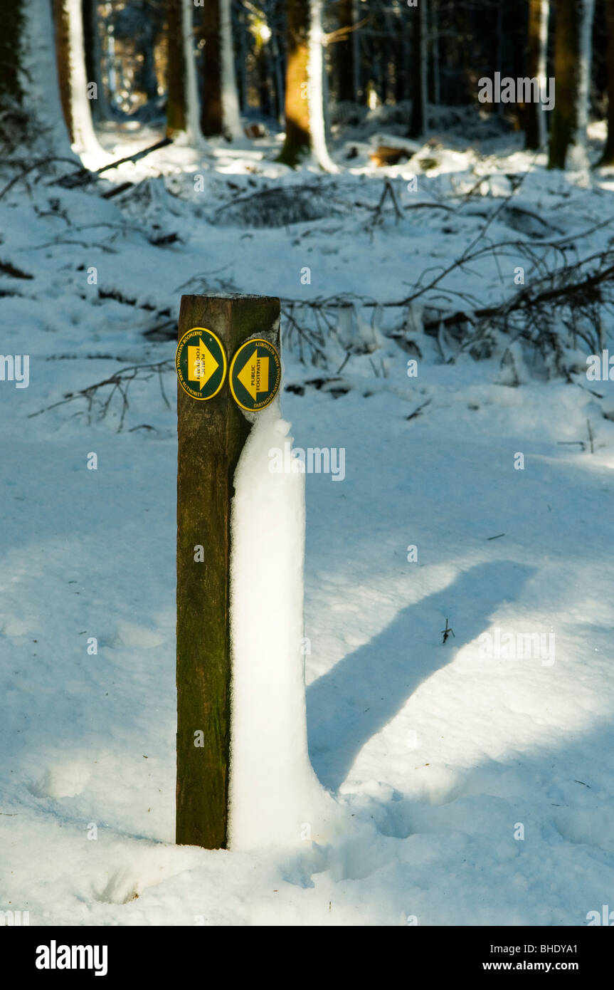 Post showing directions for footpath, half covered in snow, Dartmoor, Deon UK Stock Photo
