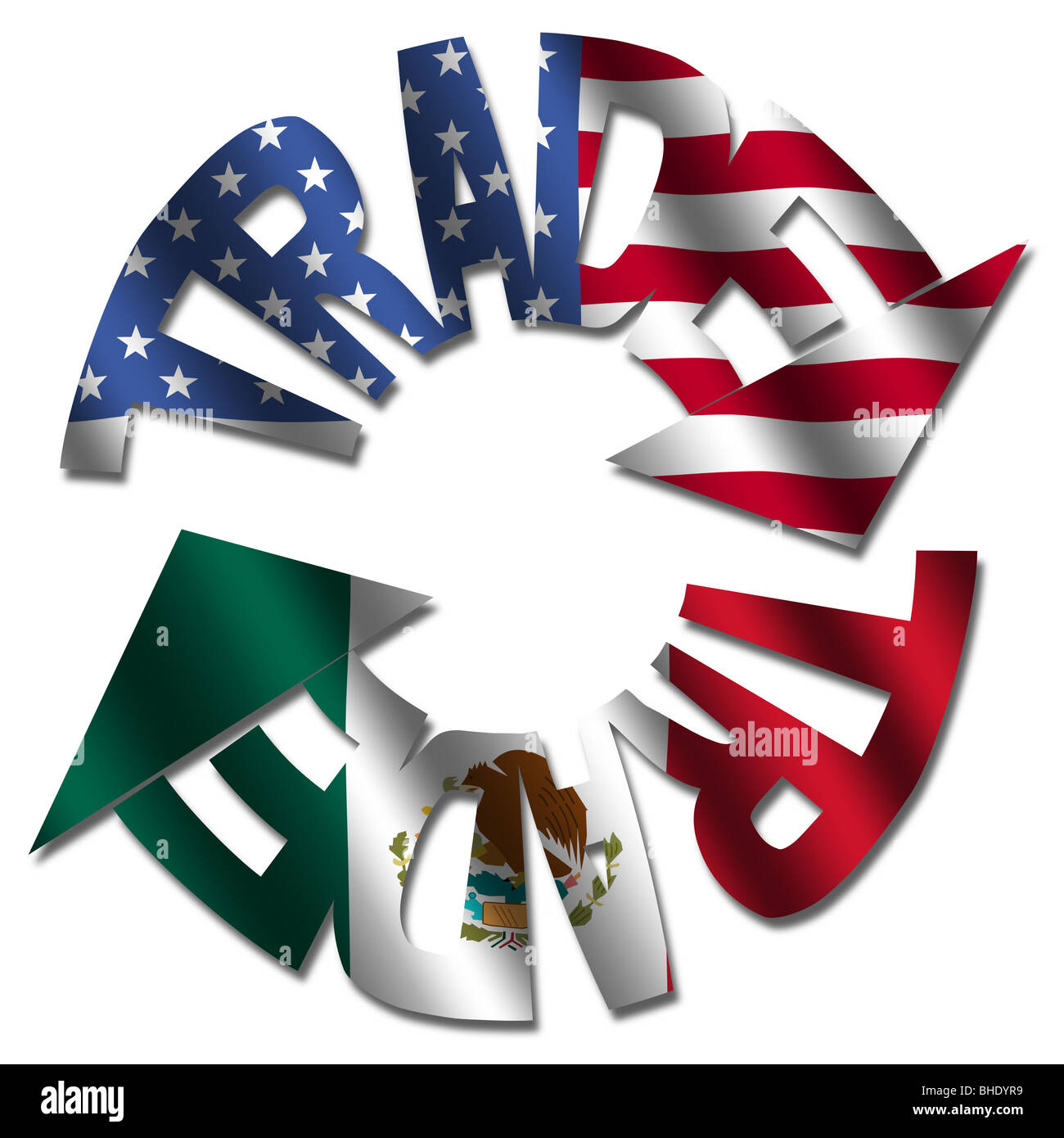 Trade text arrows with American and Mexican flags illustration Stock Photo