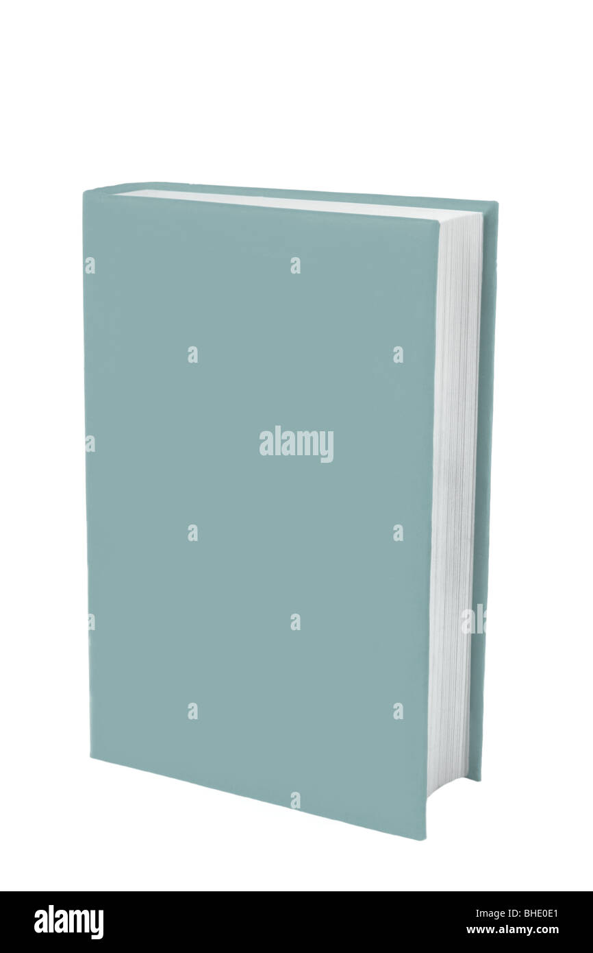 Book with blank teal-green cover on which you can place your own words. Cut out against a white background with space for copy. Stock Photo
