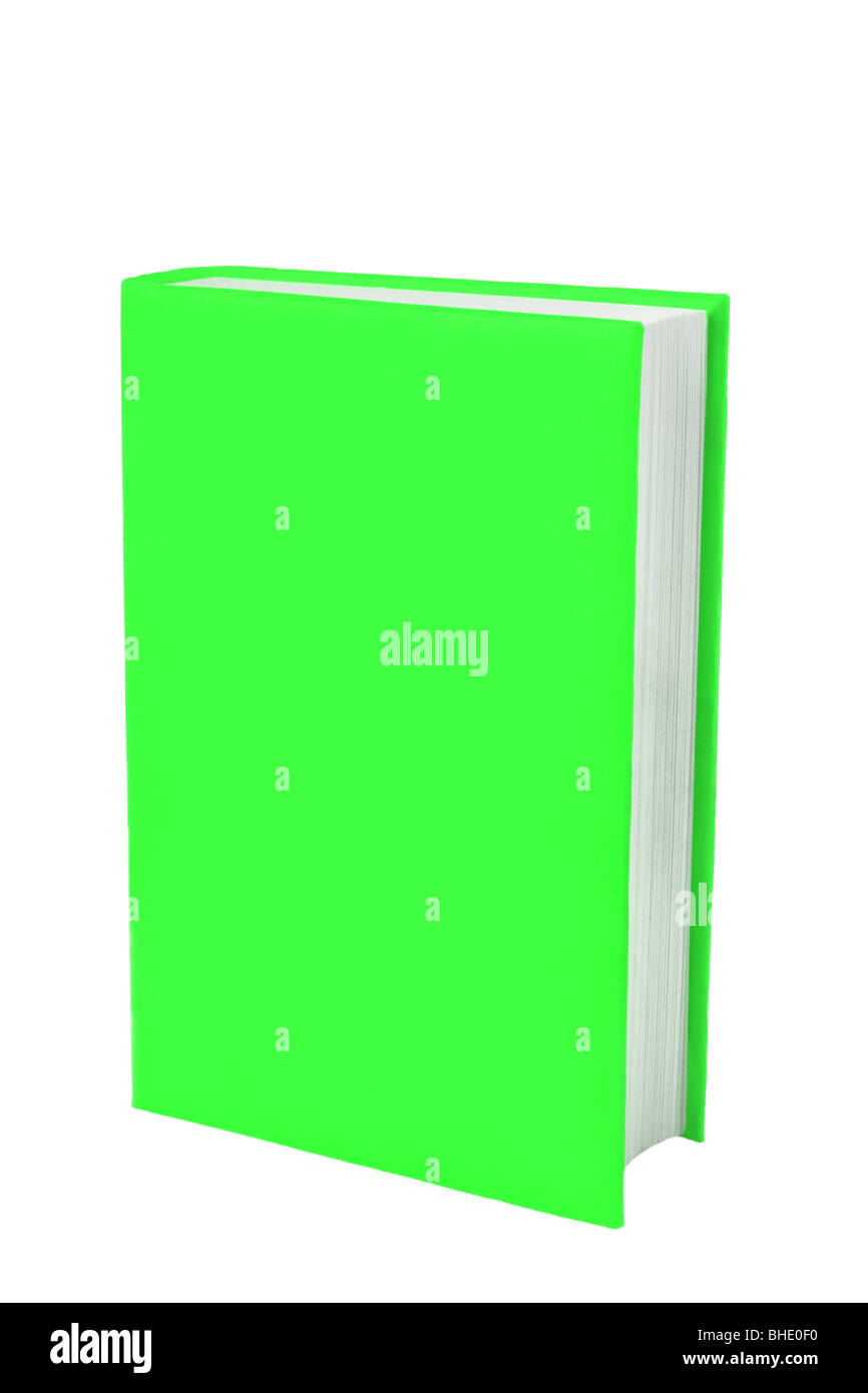 Book with blank green cover on which you can place your own words. Cut out against a white background with space for copy. Stock Photo