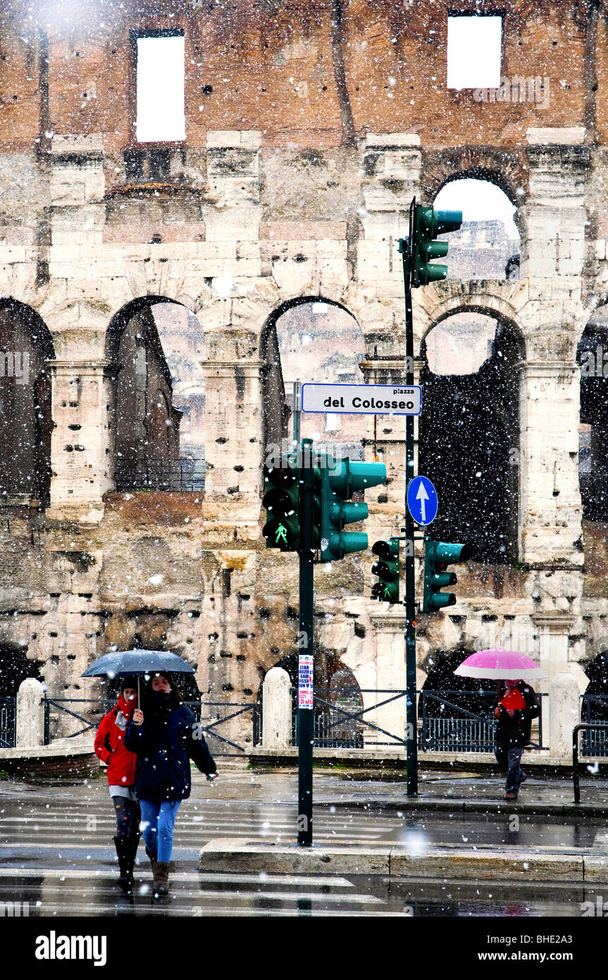 The Colosseum under heavy snow, Rome Italy Stock Photo