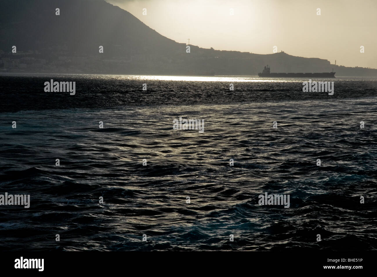 The Strait of Gibraltar, the door to Europe for nearly all African immigrants, seen from the port of Algeciras, Spain. Stock Photo