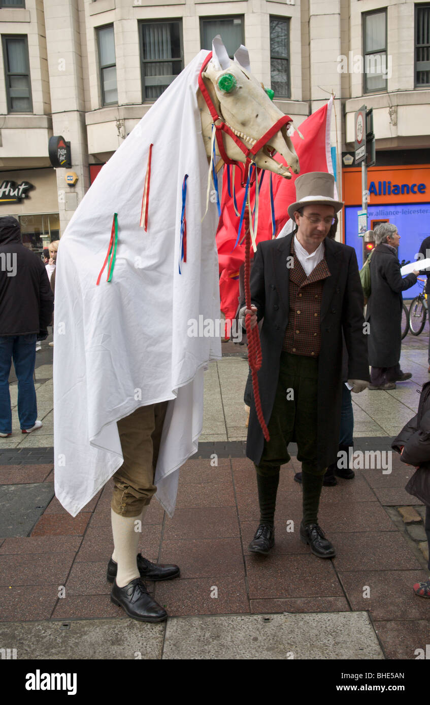 Welsh Language Society, Cymdeithas yr iaith Gymraeg, protest with Mari Lwyd in Cardiff City Centre, South Wales, UK Stock Photo