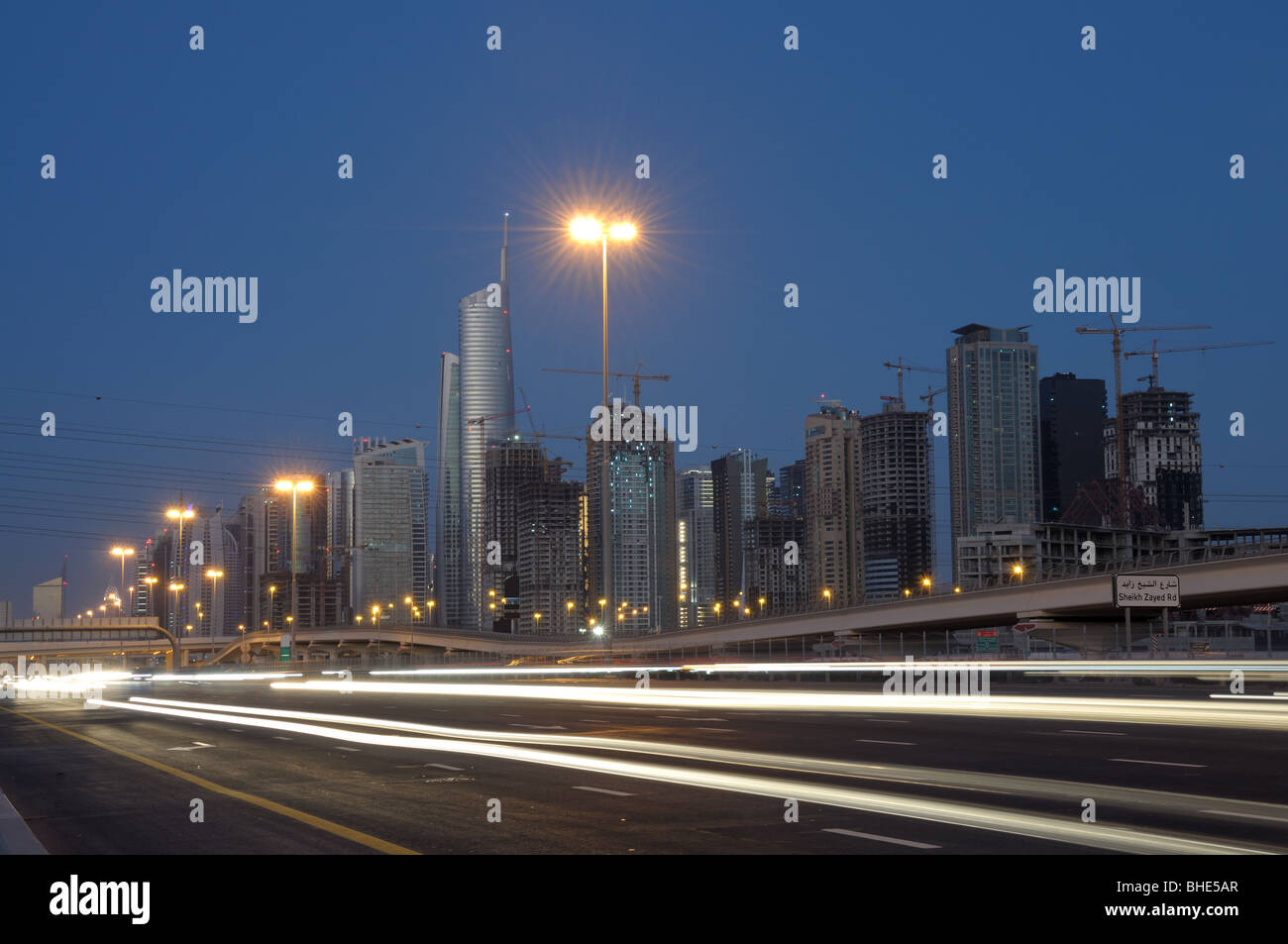 Sheikh Zayed Road at dusk, Dubai United Arab Emirates Stock Photo Alamy