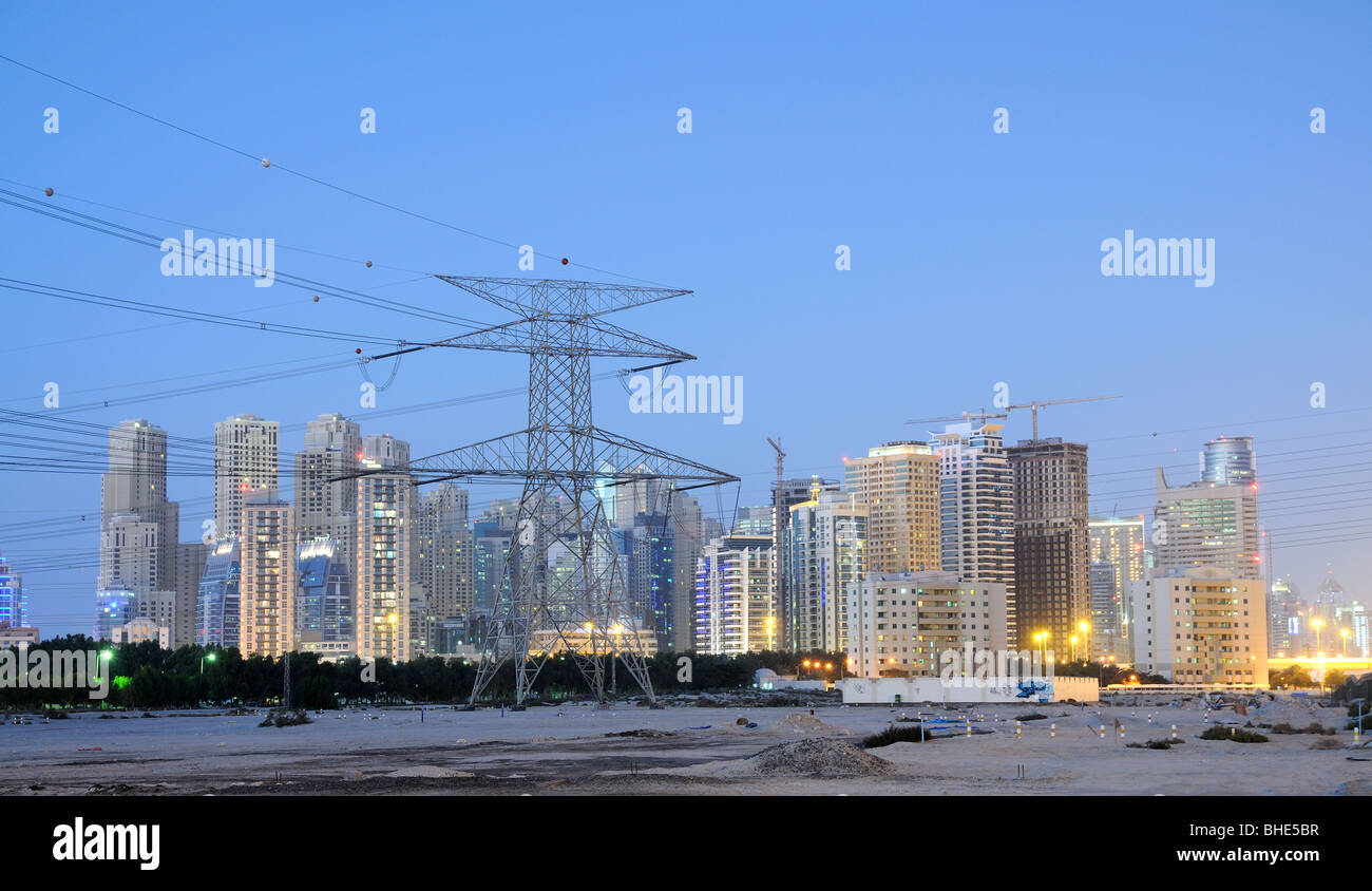 Electrical Tower and Dubai City in the background. United Arab Emirates Stock Photo