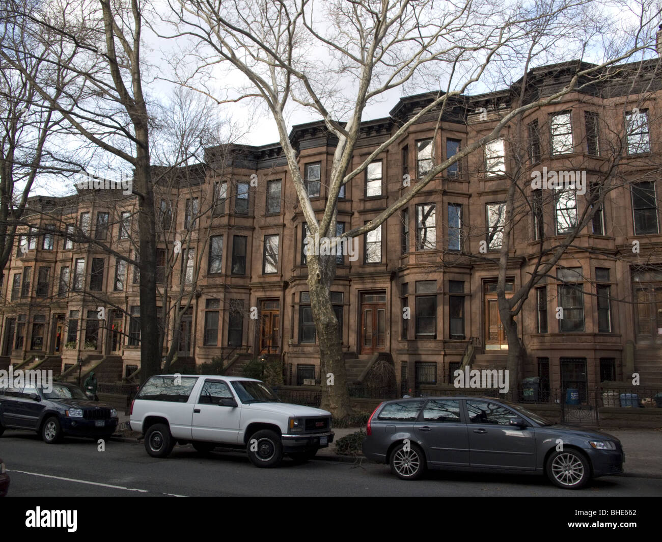 Brownstone buildings in Park Slope, a residential neighborhood in Brooklyn, NY. Stock Photo