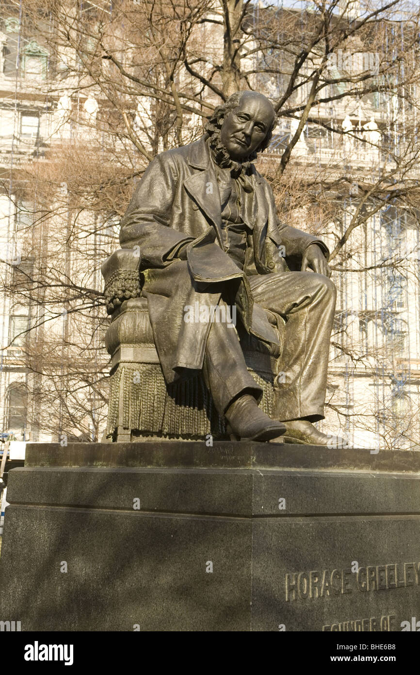 Statue of Horace Greeley in city hall park, New York City Stock Photo