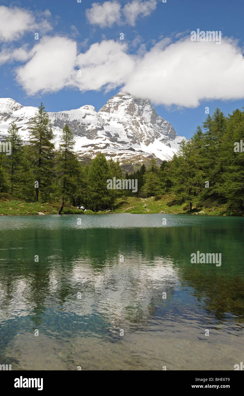 Il Lago Blu or the Blue Lake in Valtournenche Italy with the peak of the Matterhorn or Il Cervino in the background. Stock Photo