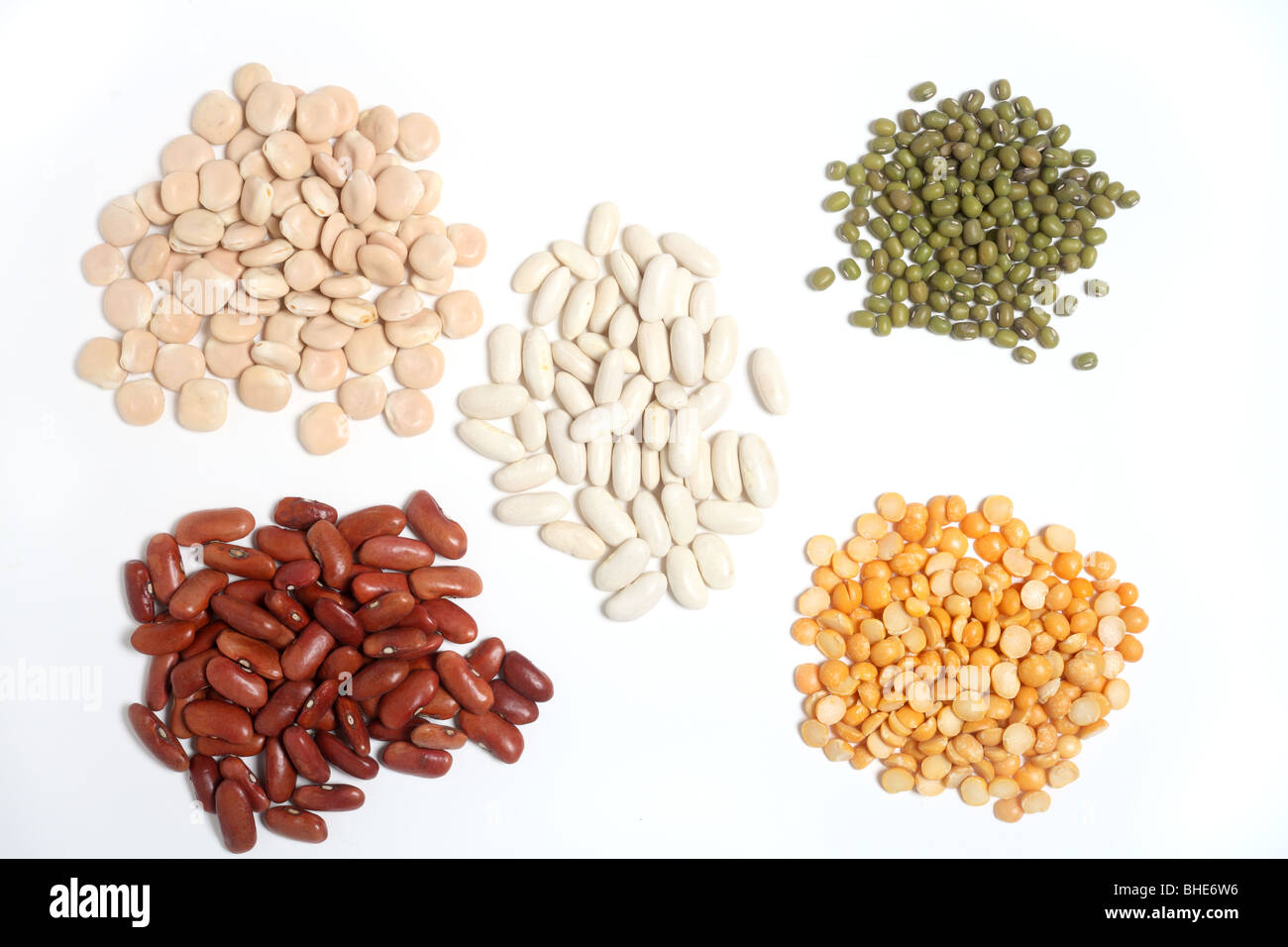 dried beans. White beans in the centre with, clockwise from top left