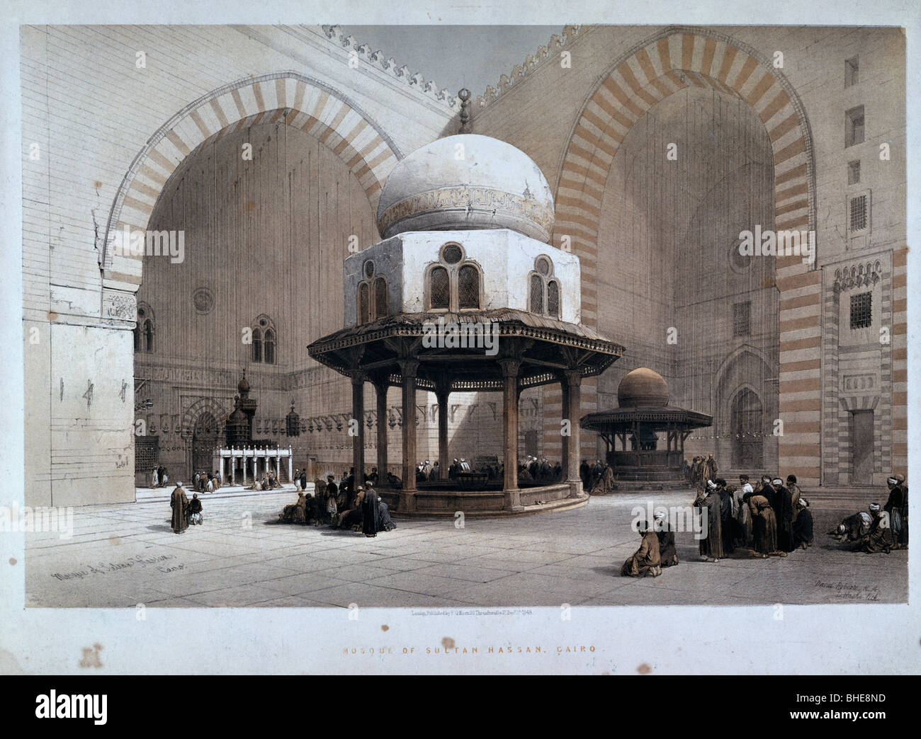 The courtyard of the Mosque of Sultan Hassan, Cairo, lithograph of original by David Roberts, dated 1848. Stock Photo