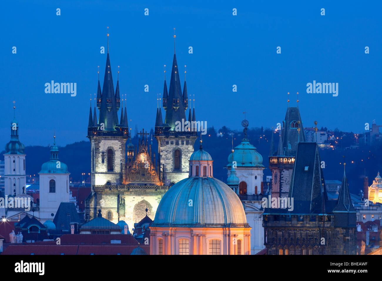 czech republic, prague - spires of the old town and tyn church Stock Photo