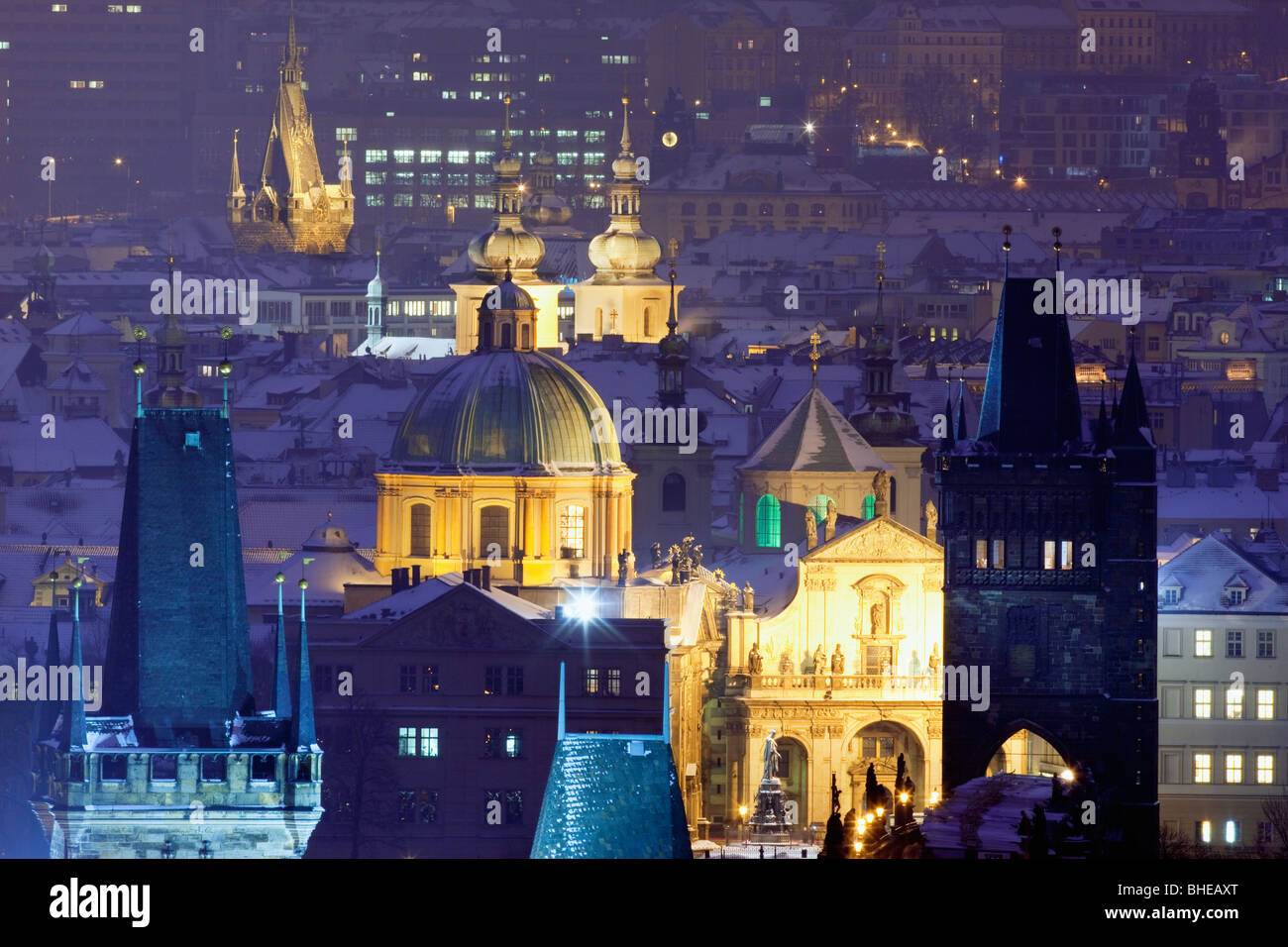 czech republic, prague - illuminated spires of the old town in winter Stock Photo