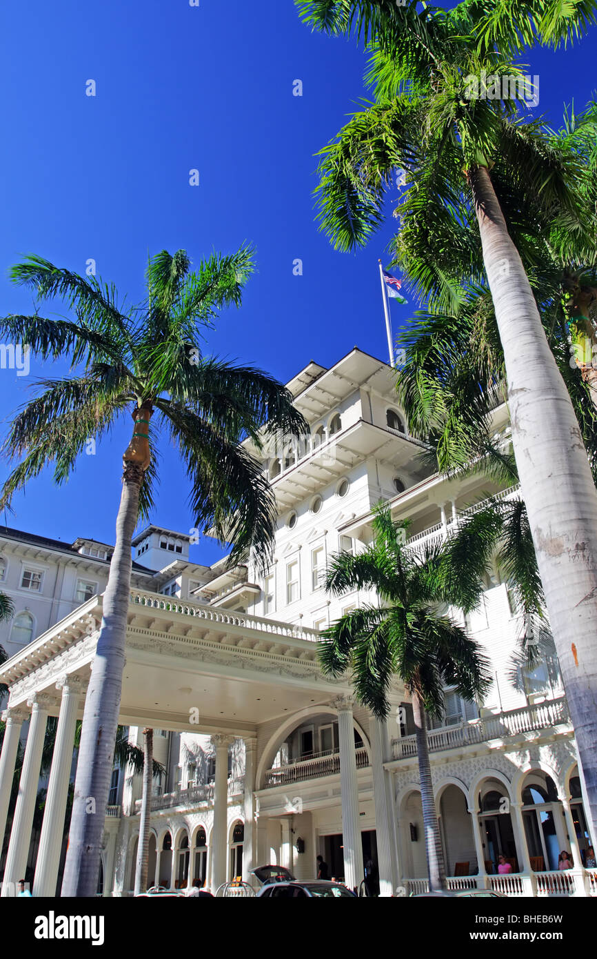 The Moana Hotel, also known as the First Lady of Waikiki, is a famous historic hotel on the island of Oahu Stock Photo