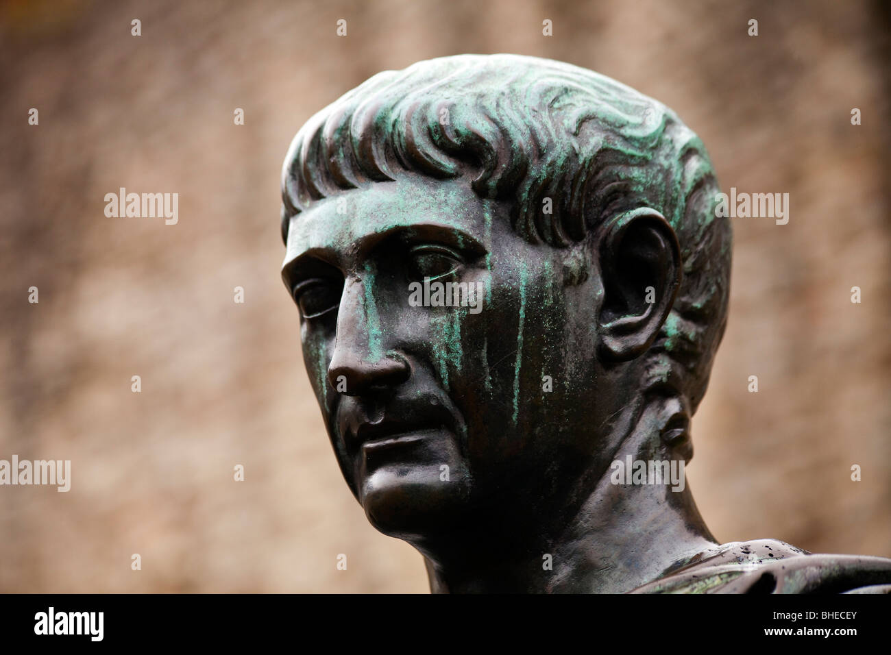 Detail of a statue thought to be of the Emperor Trajan on the Roman London Wall, London, England Stock Photo
