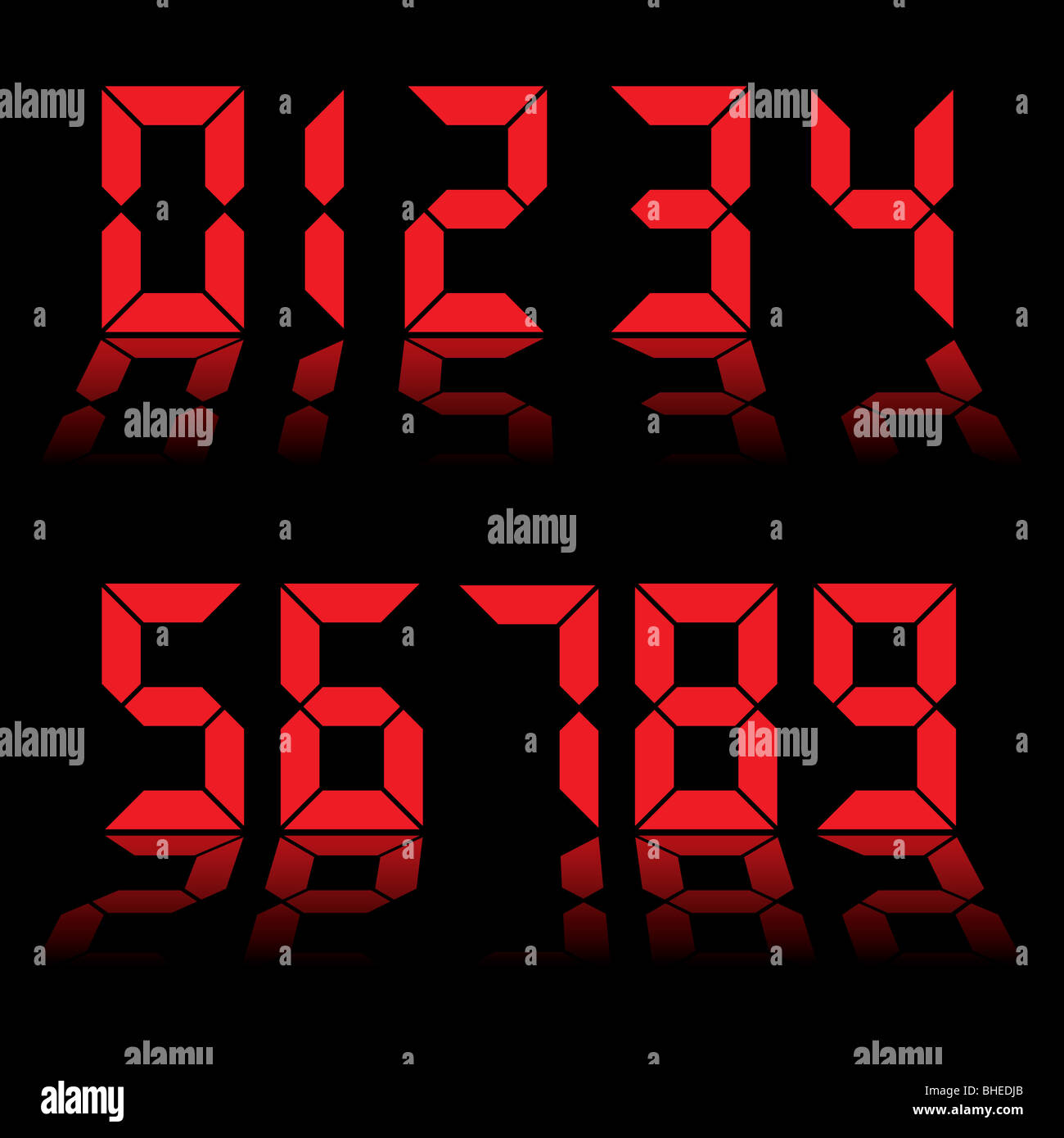 Red digital clock readout with numbers reflected in black background Stock Photo