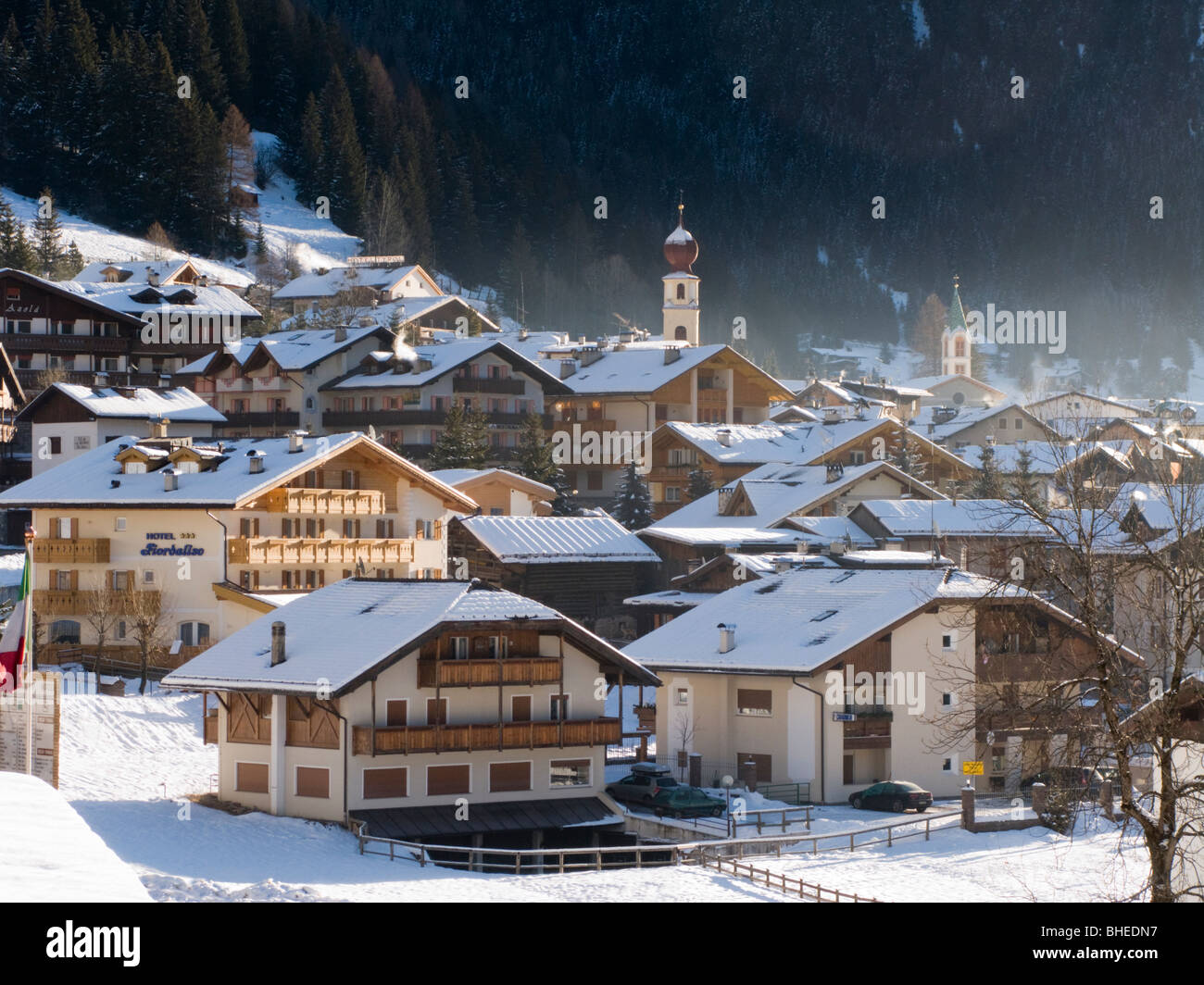 Canazei, Val di Fassa, Dolomites, Italy. Ski resort on Sella Ronda ski circuit. Stock Photo