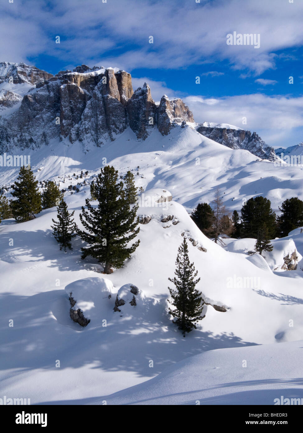 Dolomites at Selva di Val Gardena (Wolkenstein in Groden), Italy. Gruppo di Sella (Sellagruppe), on Sella Ronda ski circuit. Stock Photo