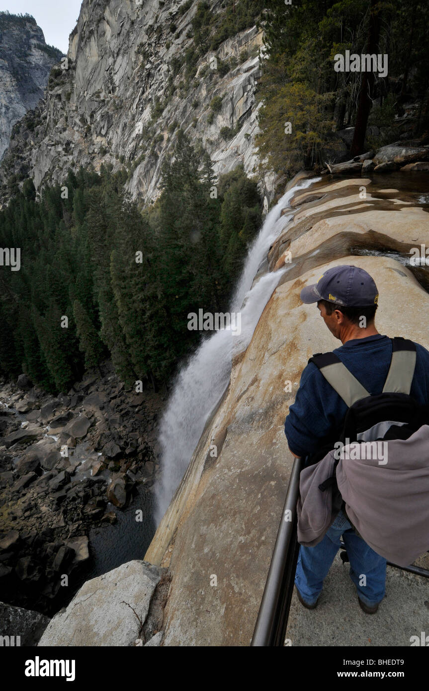 Hiker Vernal Falls Yosemite National Park waterfall Stock Photo