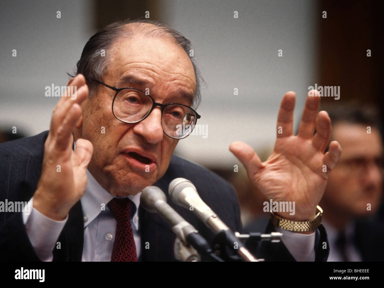 Federal Reserve Chairman Alan Greenspan testifies in Congress on the collapse of hedge fund LTMC. Stock Photo