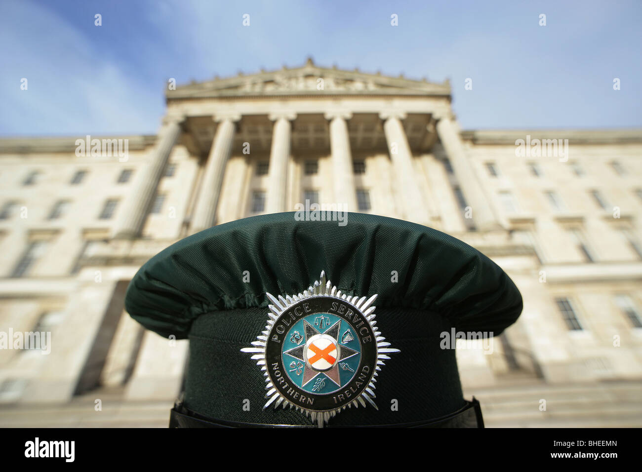 Belfast : A police constable is pictured in front of Stormont Parliament Building in Belfast, Northern Ireland, Stock Photo