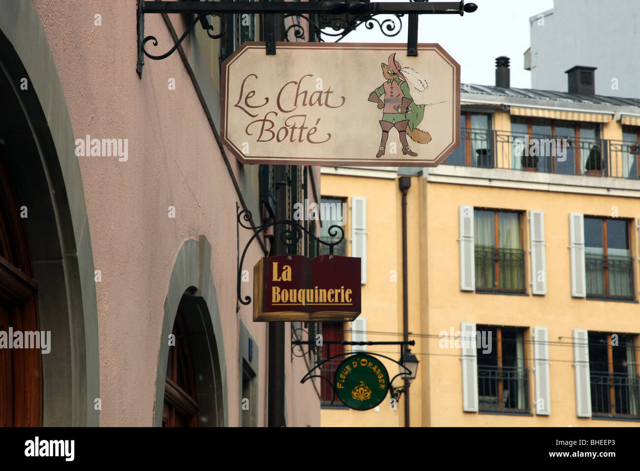shop signs St Joseph's Street, Carouge, Geneva Stock Photo