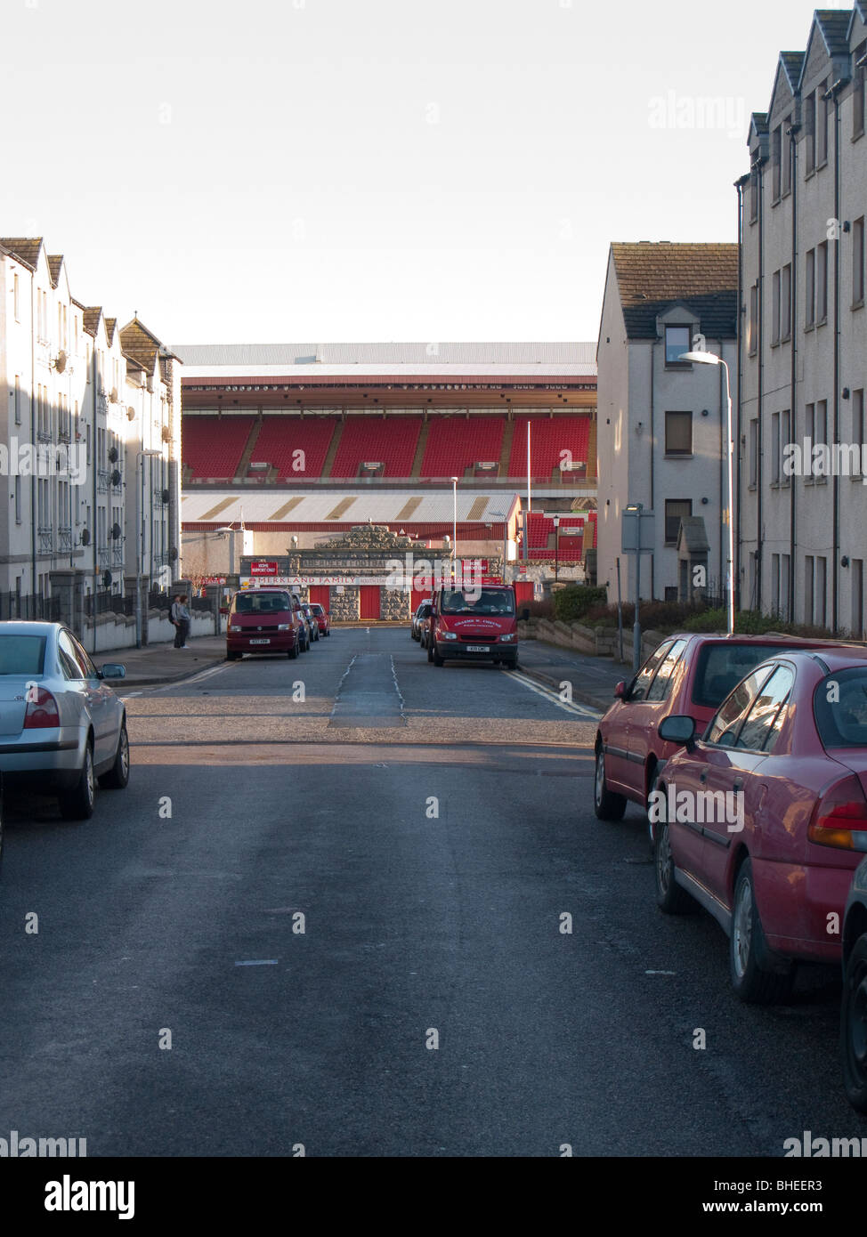 Aberdeen football club at end of street in residential area Stock Photo