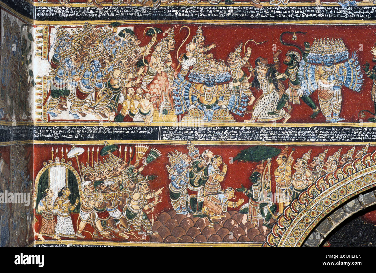 Two hundered year’s old Ramayana murals on the walls in Bodinayakanur