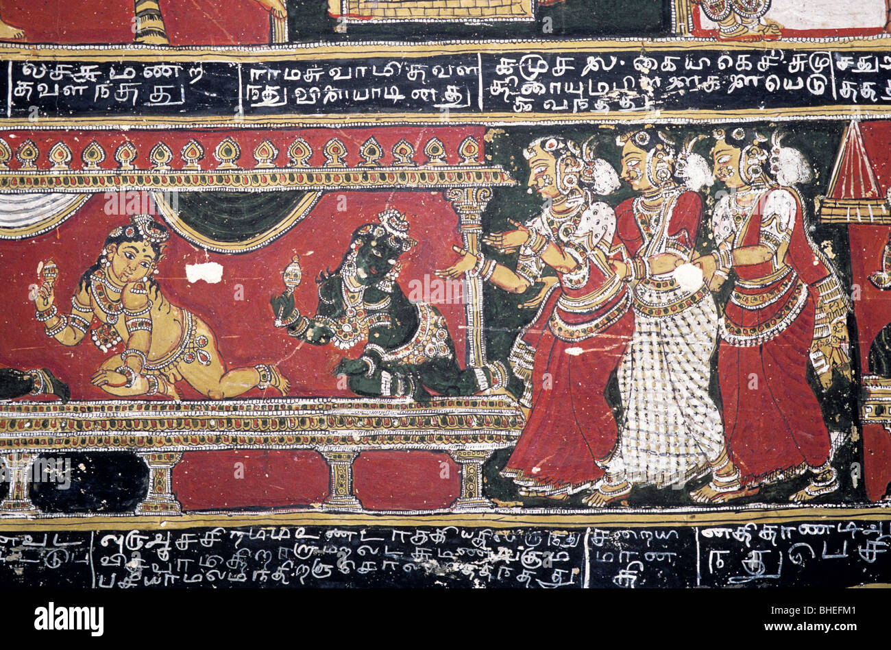 Two hundered year’s old Ramayana murals on the walls in Bodinayakanur