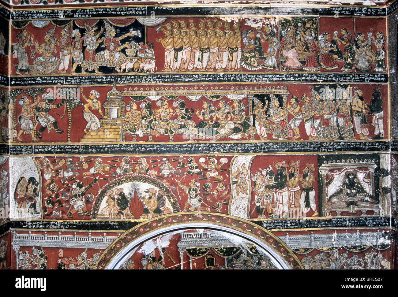 Two hundered year’s old Ramayana murals on the walls in Bodinayakanur