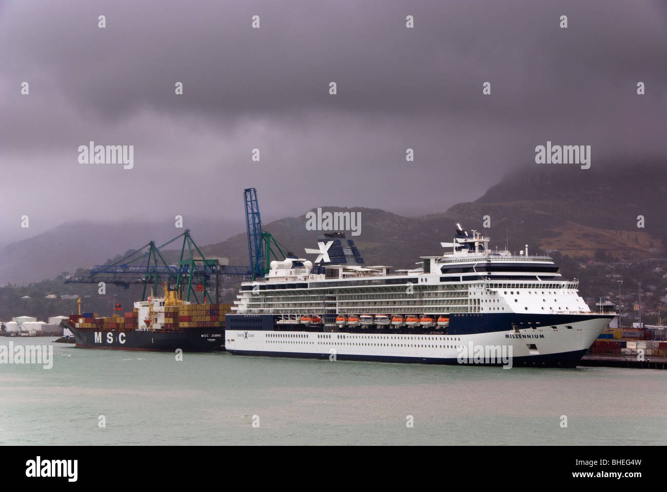 The cruise ship  'Millenium'under  a stormy sky at Lyttelton, New Zealand Stock Photo
