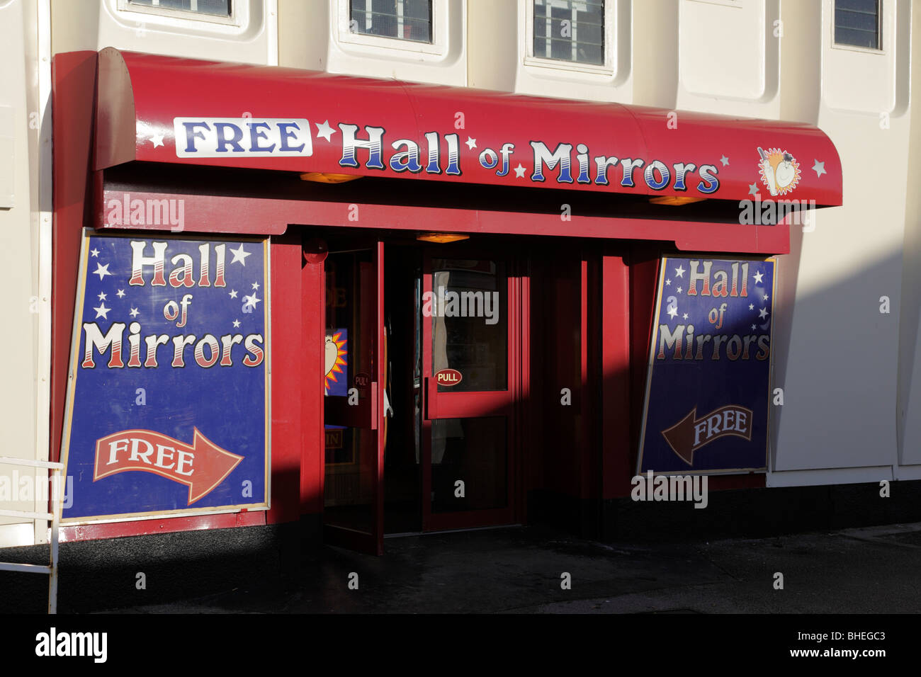 entrance to the hall of mirrors at the start of the pier southport sefton merseyside uk Stock Photo