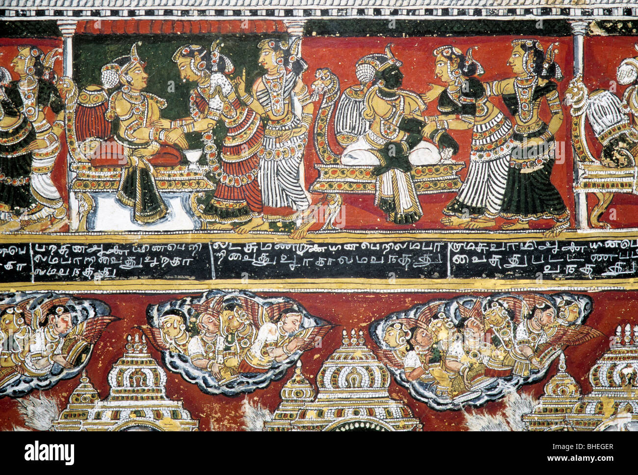 Two hundered year’s old Ramayana murals on the walls in Bodinayakanur