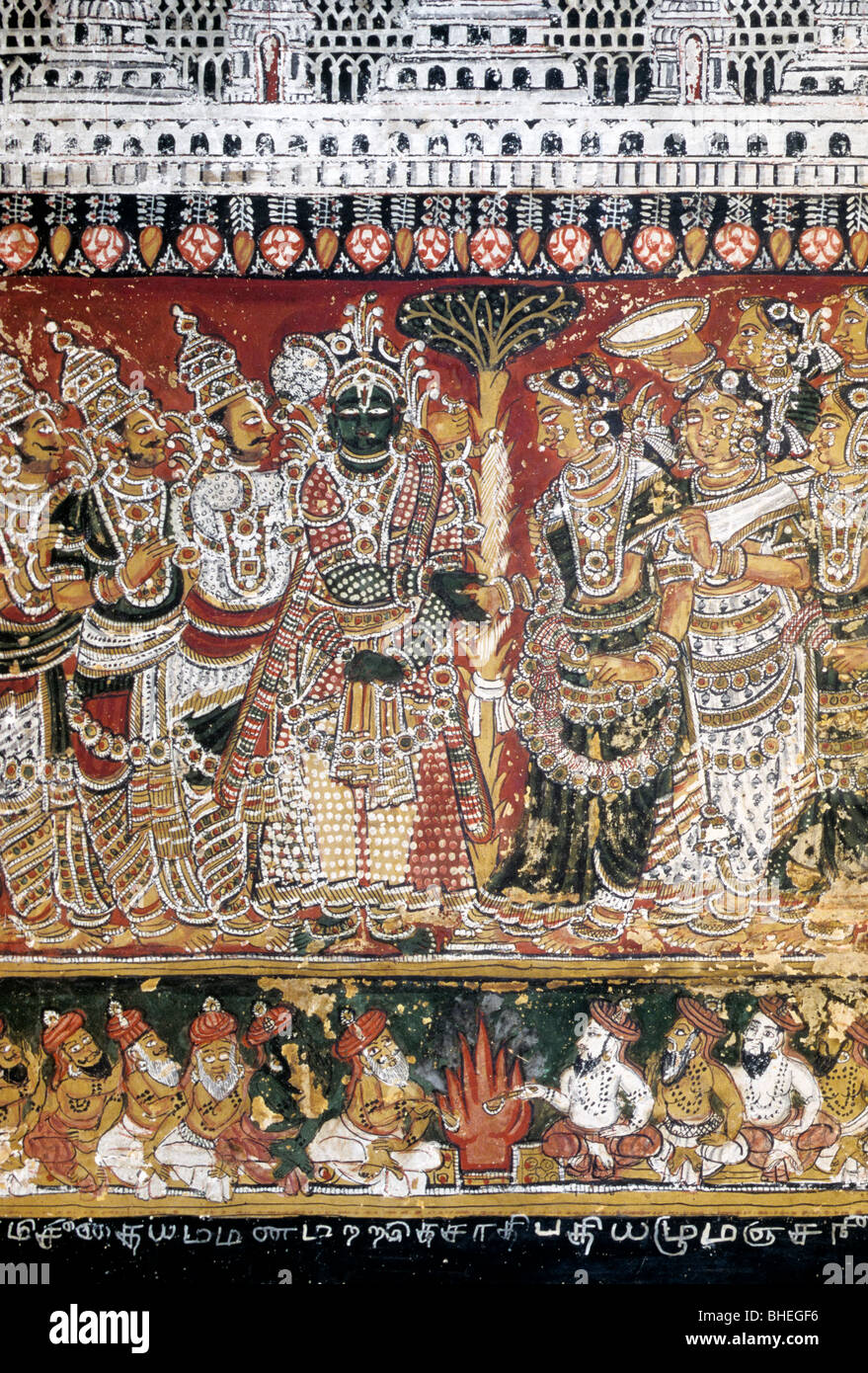 Two hundered year’s old Ramayana murals on the walls in Bodinayakanur