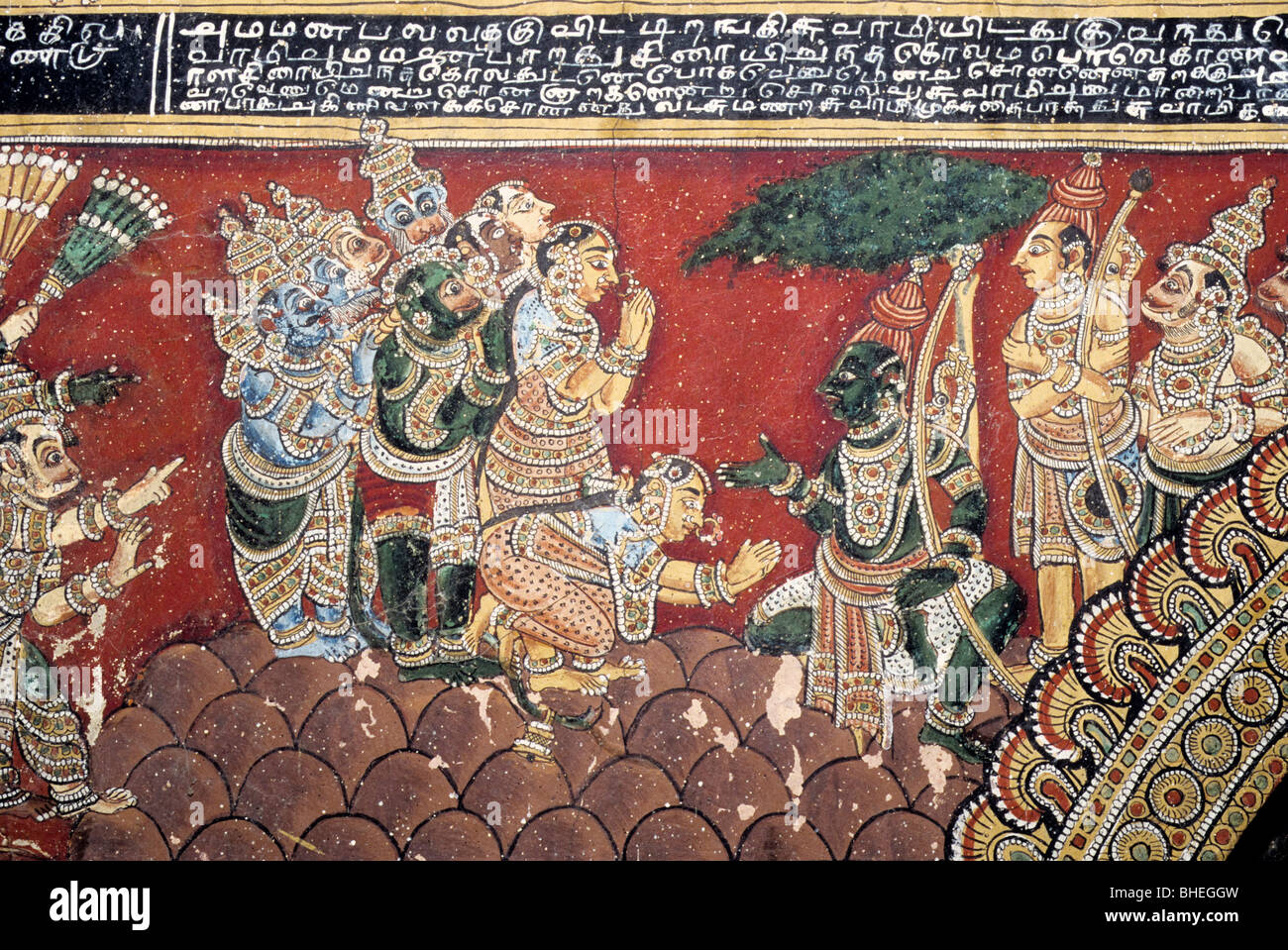 Two hundered year’s old Ramayana murals on the walls in Bodinayakanur