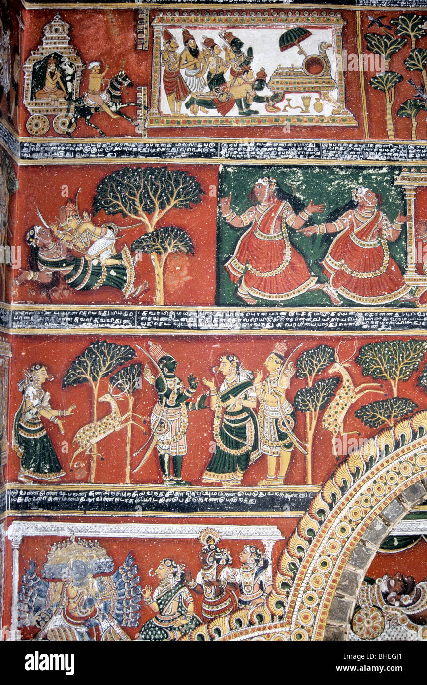 Two hundered year’s old Ramayana murals on the walls in Bodinayakanur