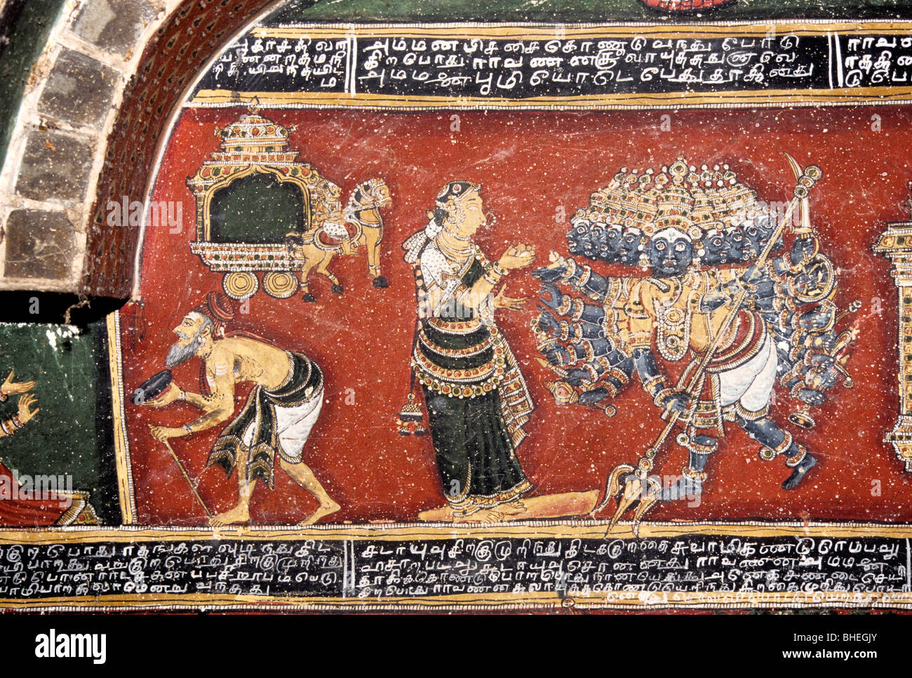 Two hundered year’s old Ramayana murals on the walls in Bodinayakanur