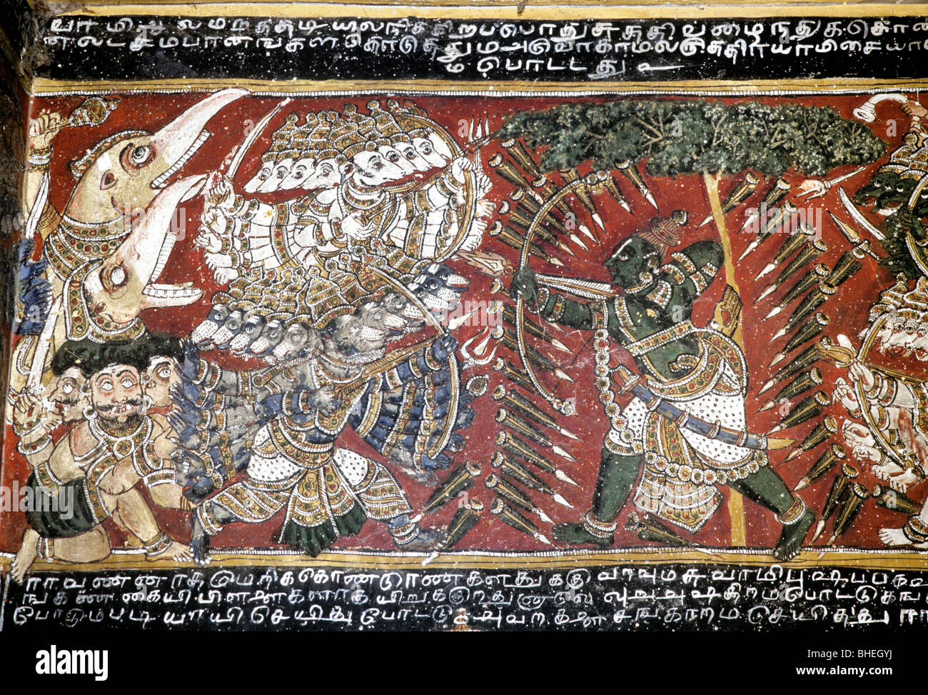 Two hundered year’s old Ramayana murals on the walls in Bodinayakanur Palace near Madurai, Tamil