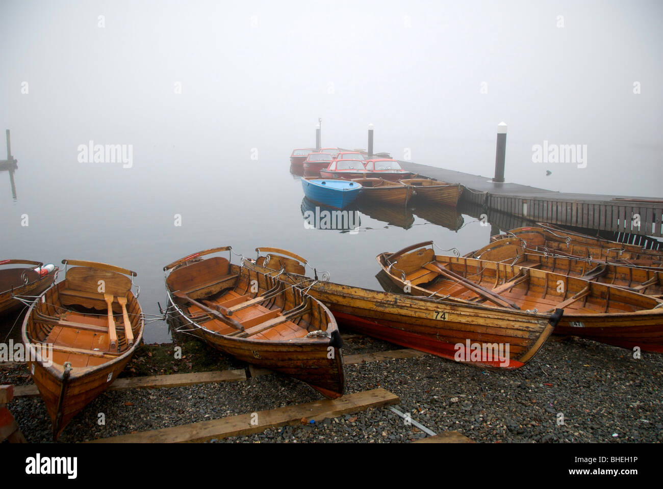 BownessonWindermere Cumbria UK Lake Boats Fog Wooden Rowing Hire