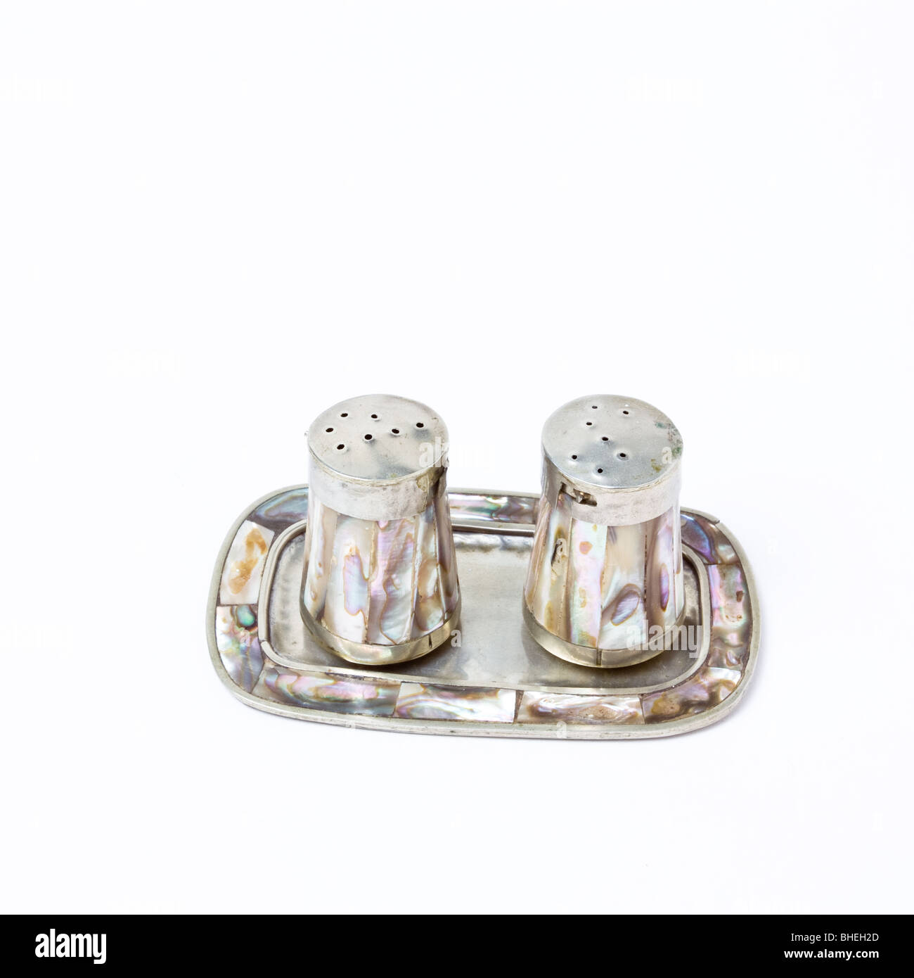Silver and mother of pearl salt and pepper cruet set Stock Photo Alamy