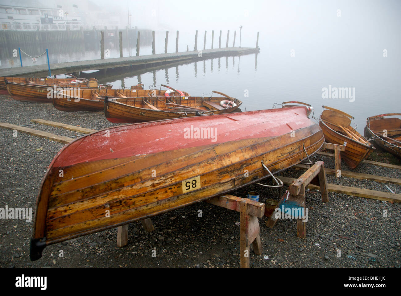 BownessonWindermere Cumbria UK Lake Boats Fog Wooden Rowing Hire