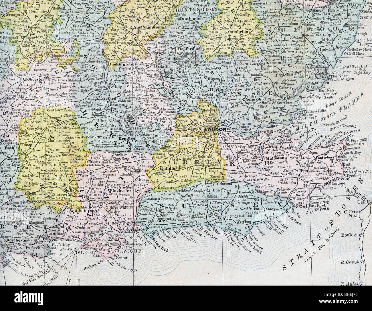Old map of Southeastern England from original geography textbook, 1884 Stock Photo - Alamy