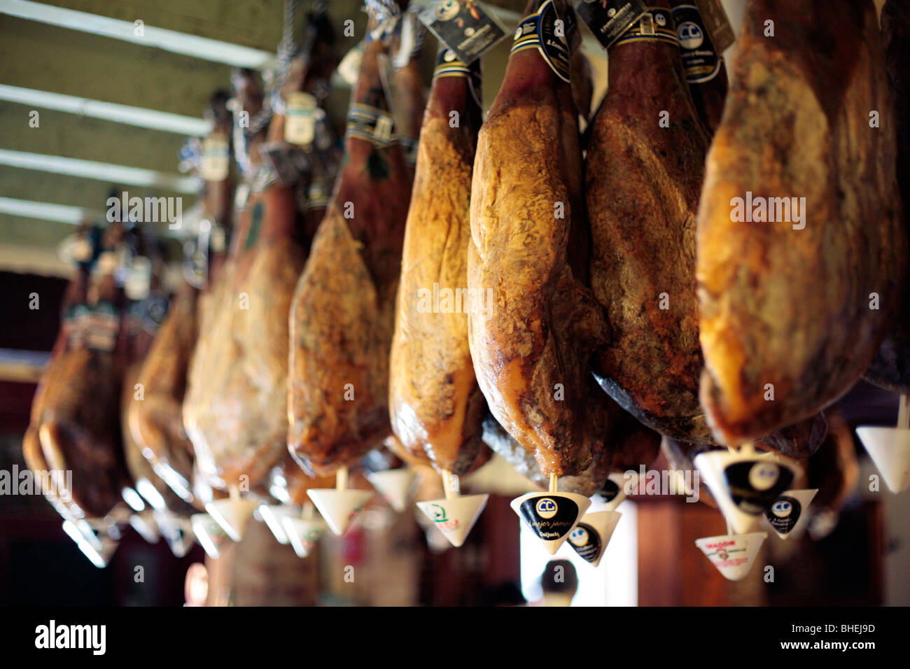 'Jamon Iberico' Iberian Ham from Acorn fed pigs hanging in a cafe in