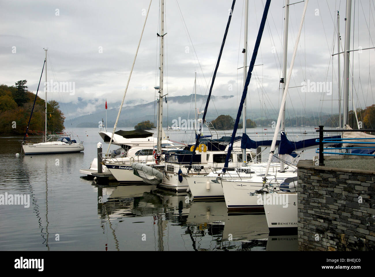 BownessonWindermere Cumbria UK Lake Boats Fog Sailing Boats Marina Stock Photo Alamy