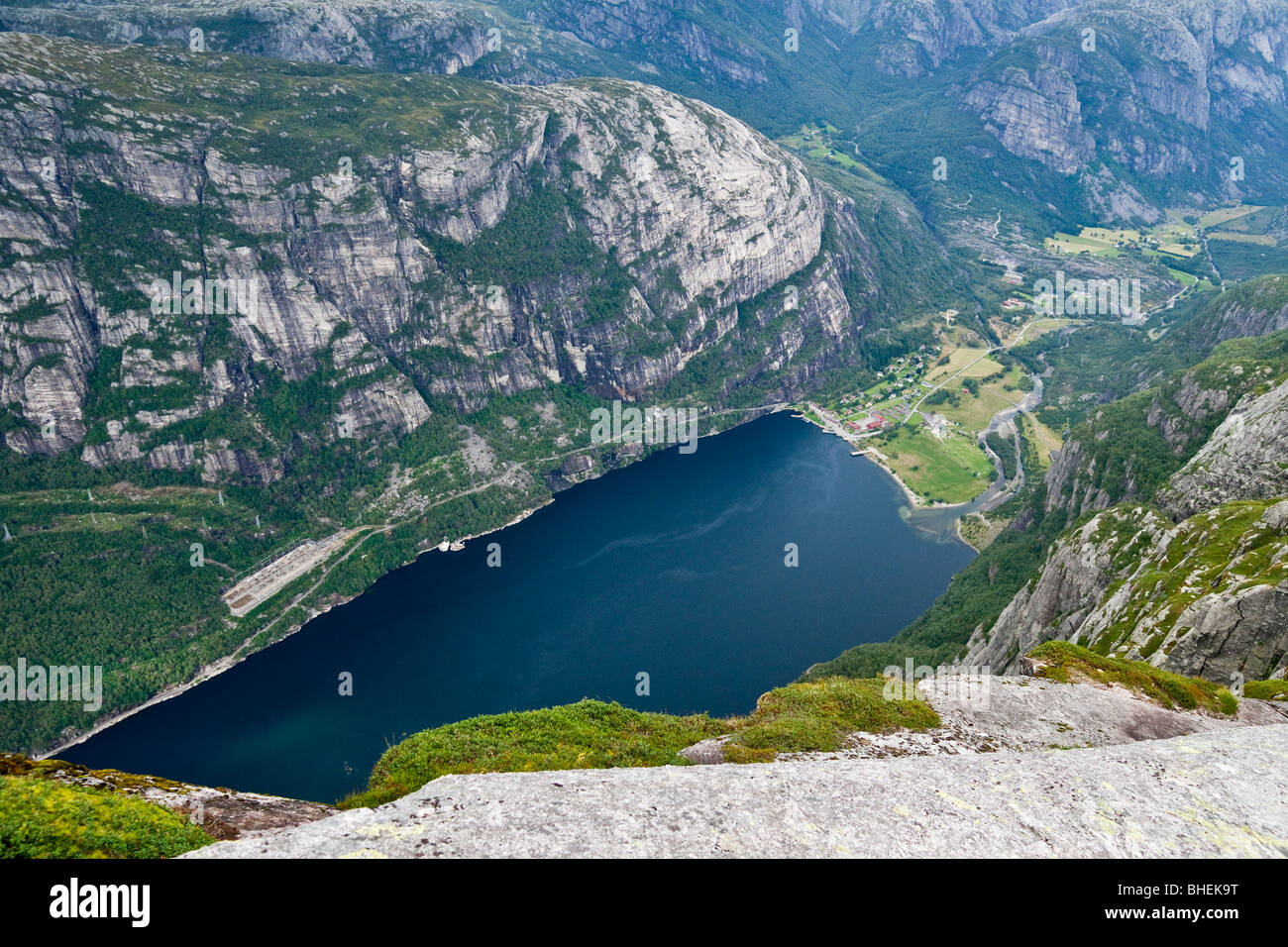 Norway. View of Lysefjord and Lysebotn from mountain Kjerag. Stock Photo