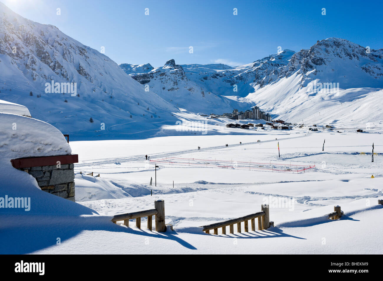 View of Val Claret from Tignes Le Lac, Tignes, Espace Killy, Tarentaise, Savoie, France Stock Photo