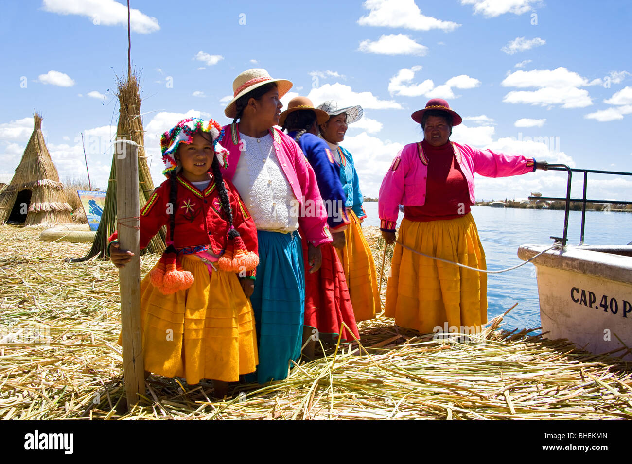 People from the Uros Island of Samary, Lake Titicaca, Peru Stock Photo
