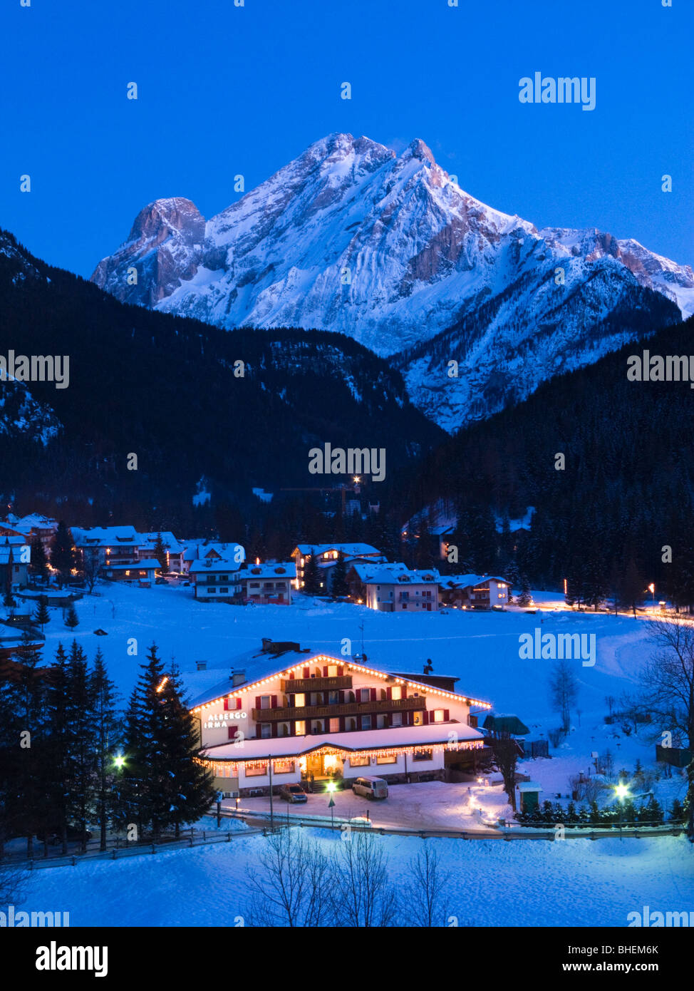 Canazei, Val di Fassa, Dolomites, Italy. Ski resort on Sella Ronda ski circuit. Stock Photo